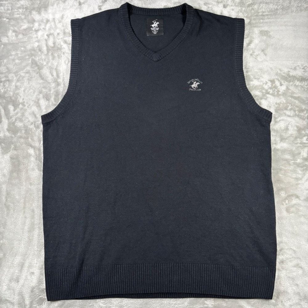 Beverly Hills Polo Club Mens XXL Black V-Neck Sweater Vest Acrylic Knit Logo
